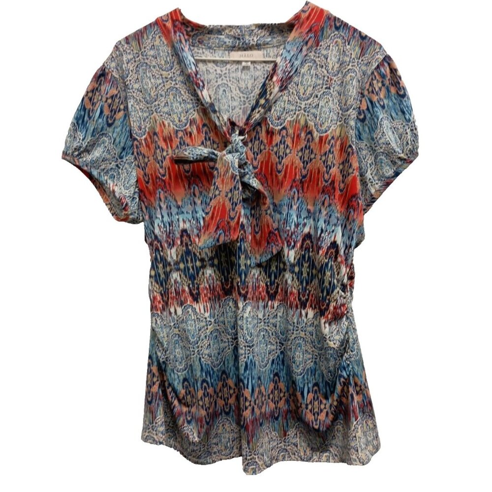 Halo BOHO Cottagecore Top Size XL Blue Pink Abstract Bow Tie Short Sleeve Casual